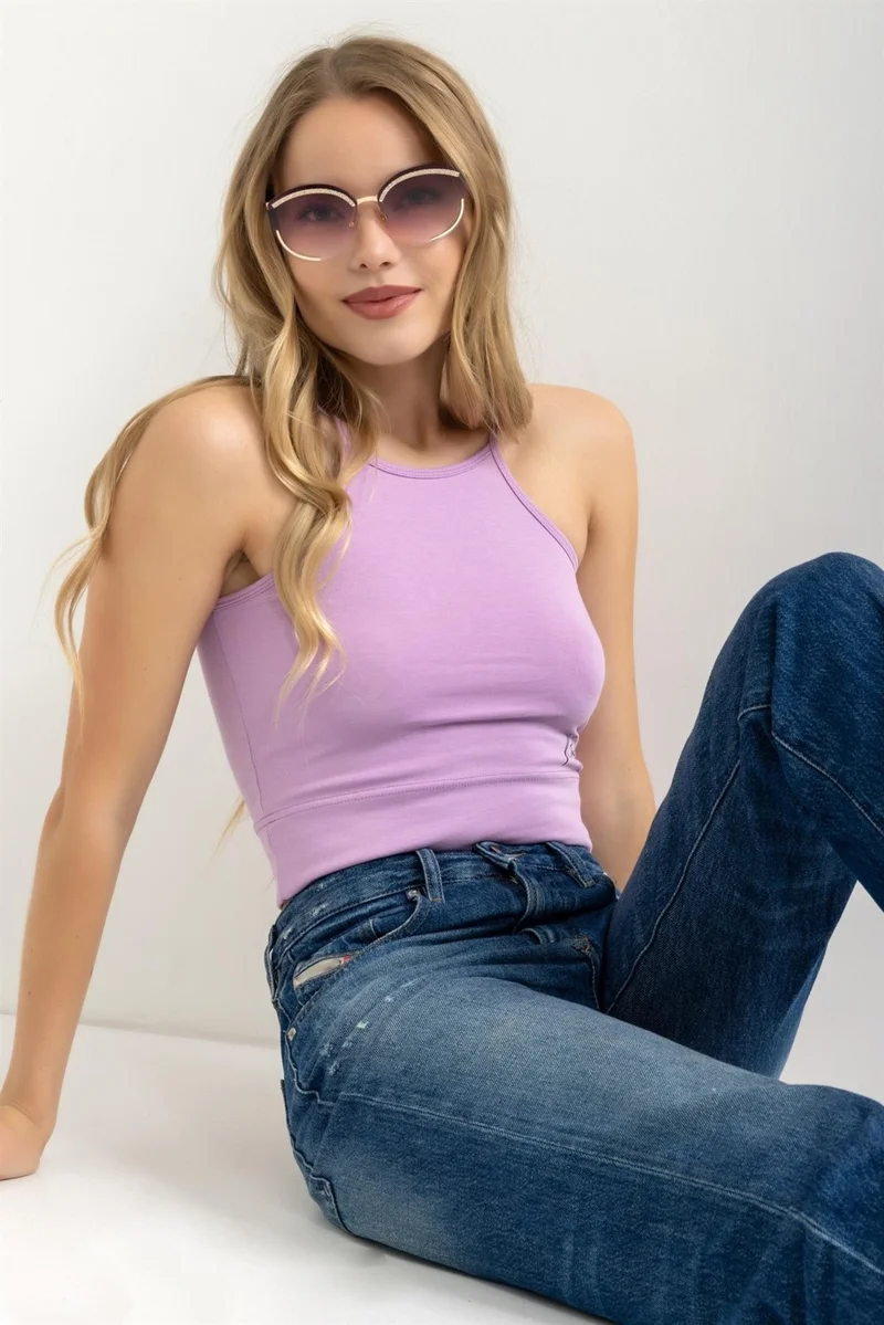 Baykar Women's Halter Neck Thin Strap Crop Blouse Lilac