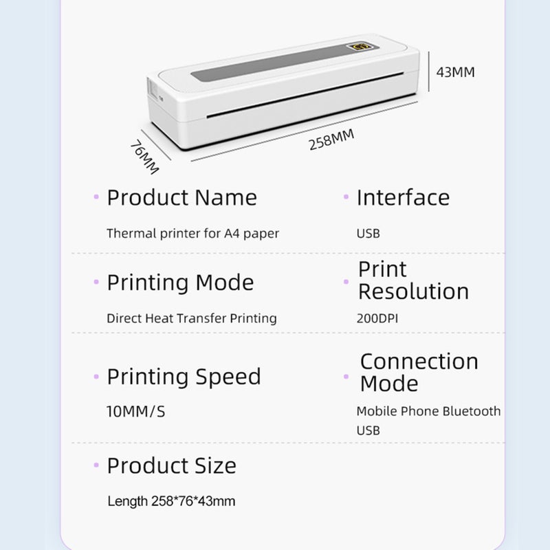 Portable Printer Wireless Inkless Printer Supports 8.26"x11.69" Thermal Paper Printer BT5.1 Connection Printer A4 Thermal Paper Compatible with iOS, Android & Laptop for Office Car Home, Travel, - Image 3