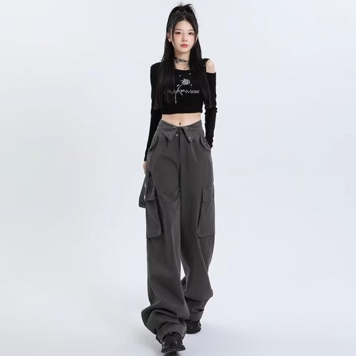 High Waist Casual Sweet Cool Style Casual Pants Womens All-match Slim Look Flap Covers American Style Hot Girl Front Patch Pocket Wide Leg Pants gray - Image 1