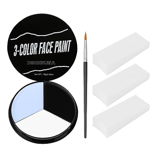 BOBISUKA White Black Grey Face Body Paint + 3PC Sponge + Brush, Colored Eye Black for Baseball Softball Sport Games, Face Painting Kit for Halloween Skeleton Skull, Clown Cosplay, Costume, SFX Special - Image 1