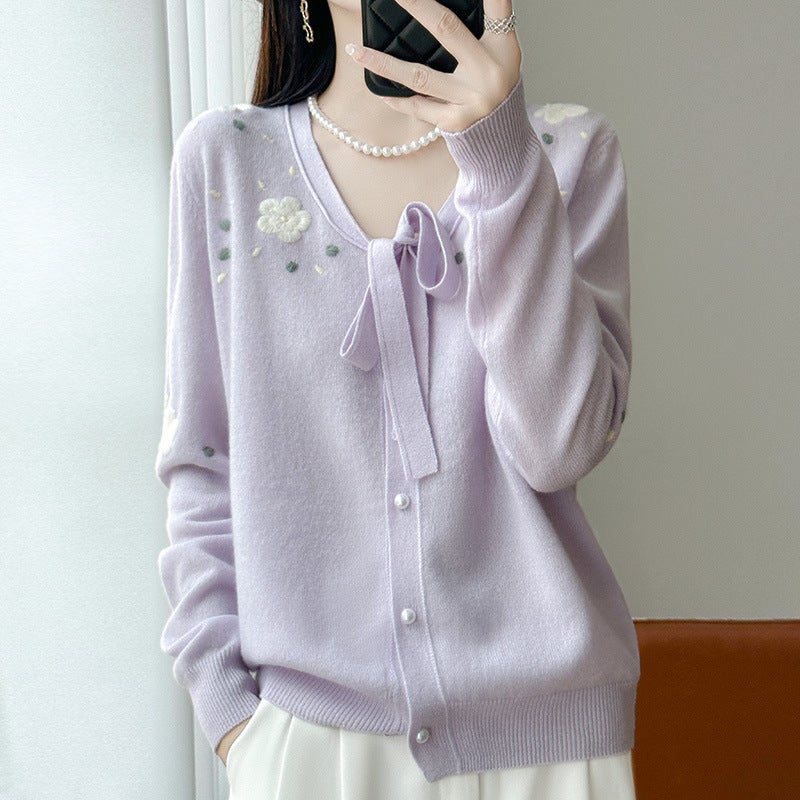 100 Mercerized Wool Knitted Cardigan, Handmade Crocheted Jacket, Style Lace Design, Sweet Style Sweater - Image 4