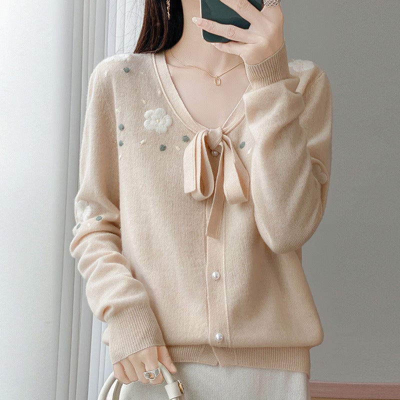 100 Mercerized Wool Knitted Cardigan, Handmade Crocheted Jacket, Style Lace Design, Sweet Style Sweater - Image 2