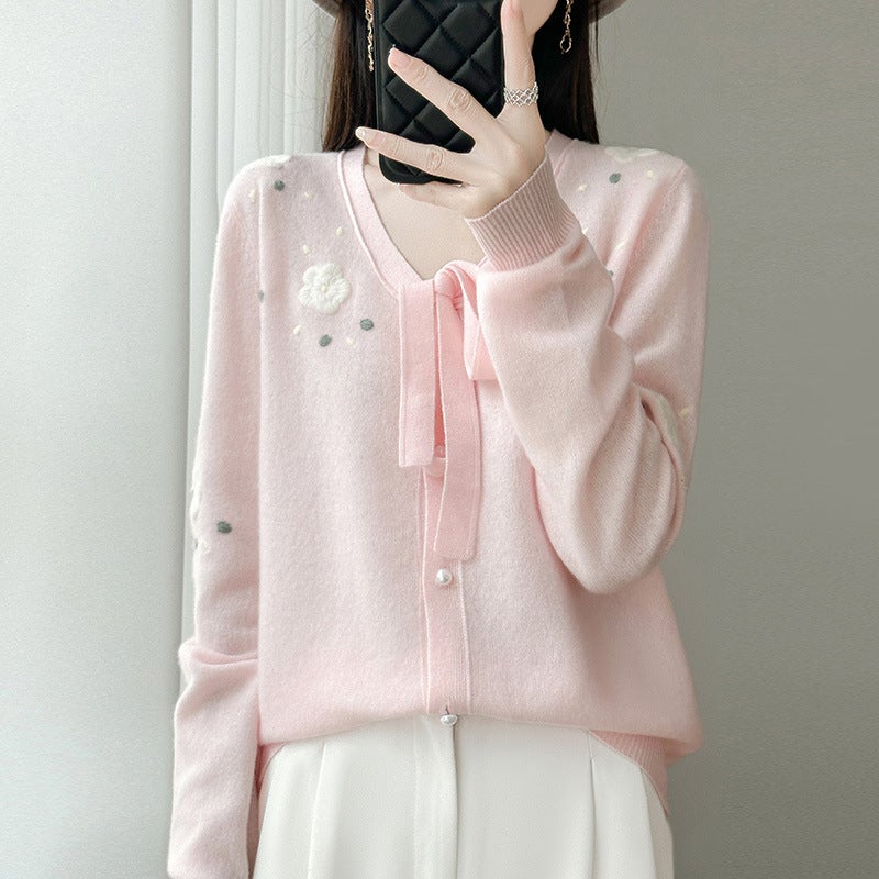 100 Mercerized Wool Knitted Cardigan, Handmade Crocheted Jacket, Style Lace Design, Sweet Style Sweater - Image 5