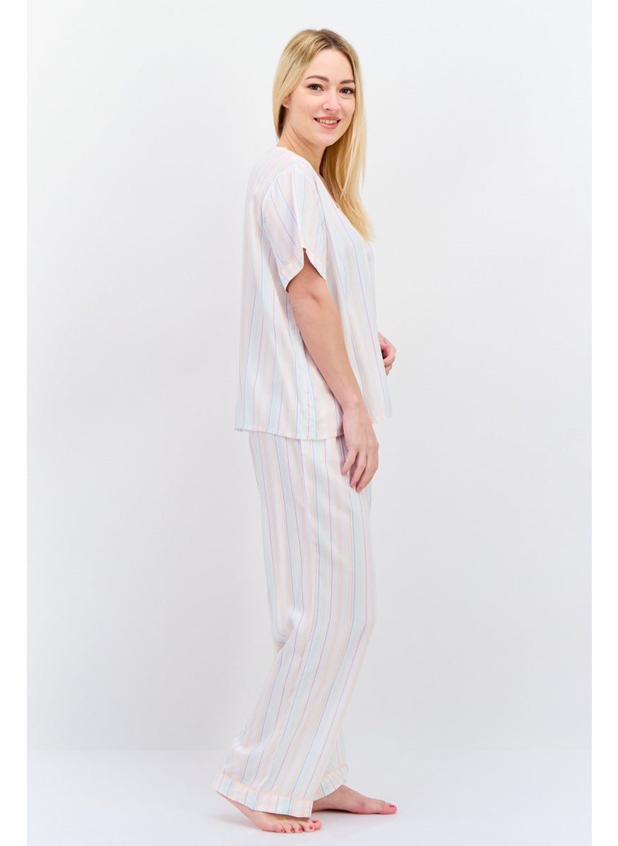 Kathy Ireland - Women 2 Pcs Short Sleeves Stripe Pajama Set, White - Image 1