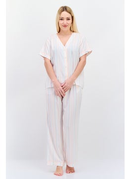 Women 2 Pcs Short Sleeves Stripe Pajama Set, White