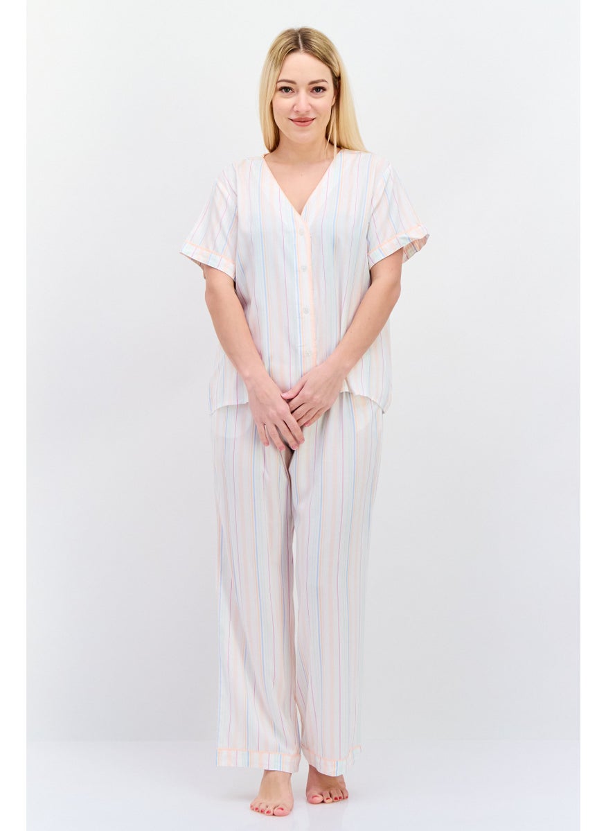 Kathy Ireland - Women 2 Pcs Short Sleeves Stripe Pajama Set, White - Image 1