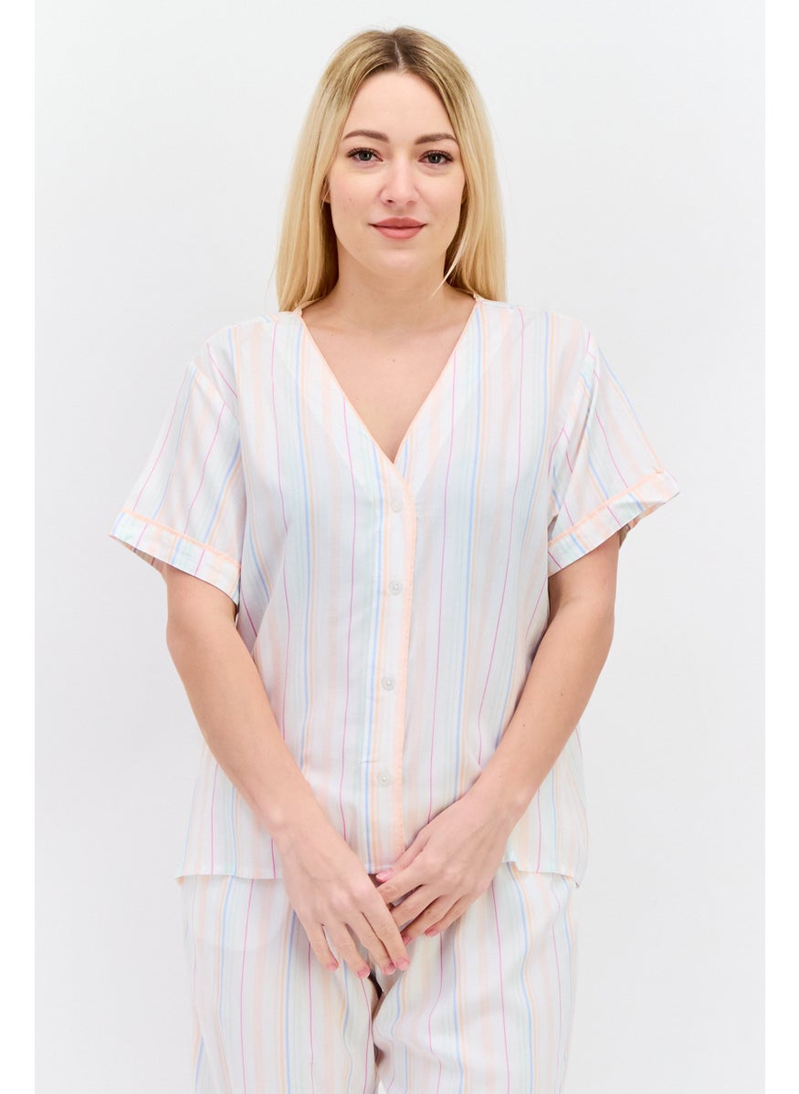 Kathy Ireland - Women 2 Pcs Short Sleeves Stripe Pajama Set, White - Image 1