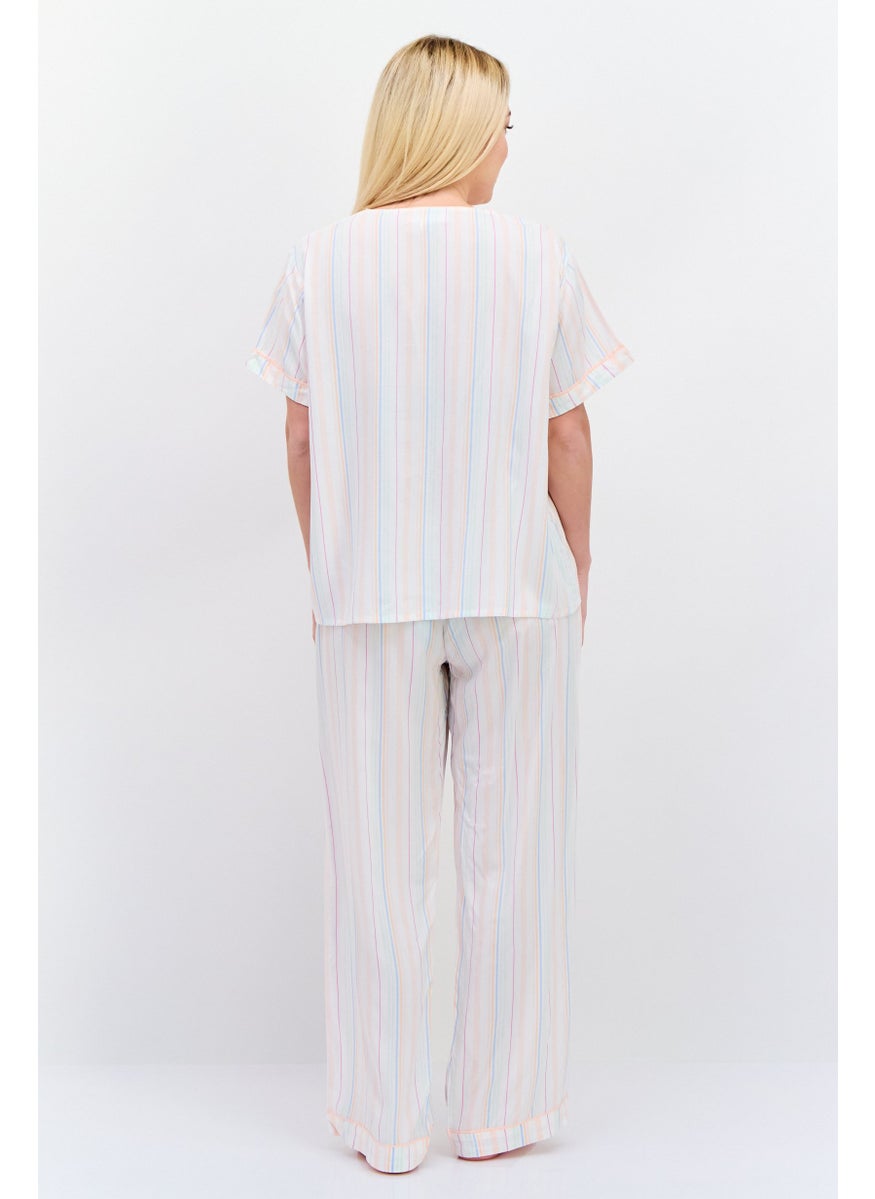 Kathy Ireland - Women 2 Pcs Short Sleeves Stripe Pajama Set, White - Image 1