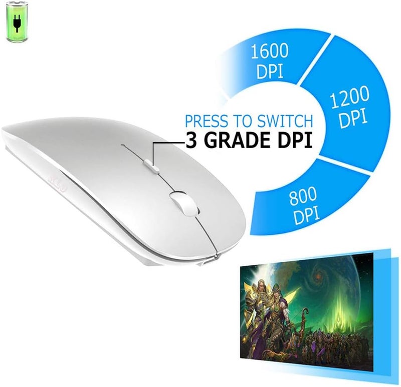 KLO Rechargeable Bluetooth Mouse for MacBook/MacBook air/Pro/iPad, Wireless Mouse for Laptop/Notebook/pc/iPad/Chromebook (Silver) - Image 2