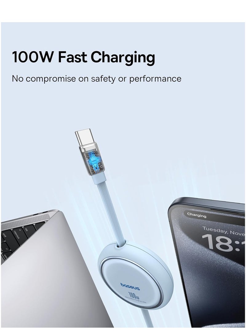 بيسوس كابل USB C، كابل شحن سريع USB C صغير قابل للسحب 100 واط إلى USB C PD 5A، كابل شاحن USB من النوع C بطول 1 متر بطول 4 مراحل لهواتف iPhone 15/Pro/Plus/Pro Max وMacBook وiPad Pro وSamsung S23/S22+ أزرق - Image 2
