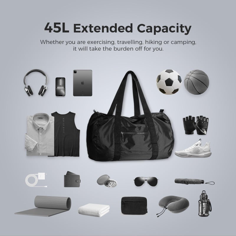 pack all 45L Foldable Duffel Bag, Water-Resistant Sports Gym Bag, Portable Weekender Bag Lightweight for Travel, Fitness and Camping (Black) - Image 2