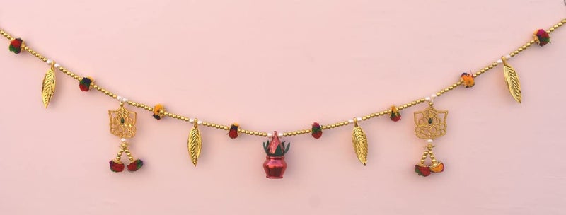 CREYENTES Handmade Toran for Door Golden Ganesh Mango Leaves Coconut with Pack of 2 Door Side Hangings Decoration Latkan for Diwali Onam Decoration 315 Feet Ganesh Pan Pom Nariyel_Latkan - Image 3