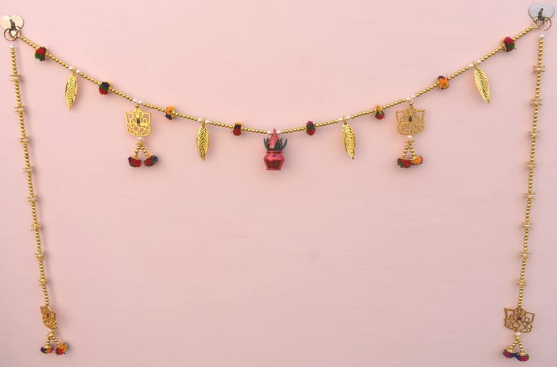 CREYENTES Handmade Toran for Door Golden Ganesh Mango Leaves Coconut with Pack of 2 Door Side Hangings Decoration Latkan for Diwali Onam Decoration 315 Feet Ganesh Pan Pom Nariyel_Latkan - Image 1