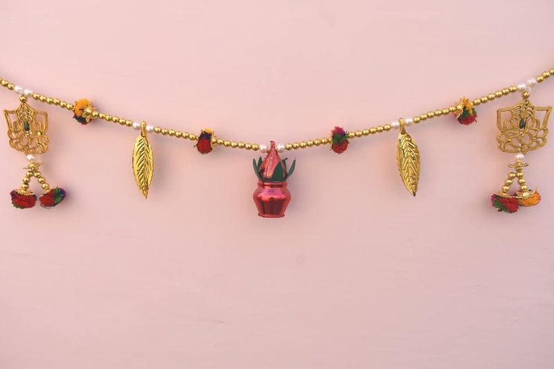 CREYENTES Handmade Toran for Door Golden Ganesh Mango Leaves Coconut with Pack of 2 Door Side Hangings Decoration Latkan for Diwali Onam Decoration 315 Feet Ganesh Pan Pom Nariyel_Latkan - Image 4
