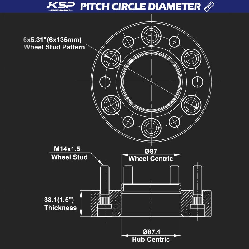 KSP PERFORMANCE KSP 6x135 to 6x135 Wheel Spacers for F150, 1.5in 38mm Hubcentric 6 Lug Wheel Adapters for 2015-2025 F150 Expedition,Navigator with M14x1.5 Studs and 87.1mm Hub Bore, 4pcs Black - Image 2