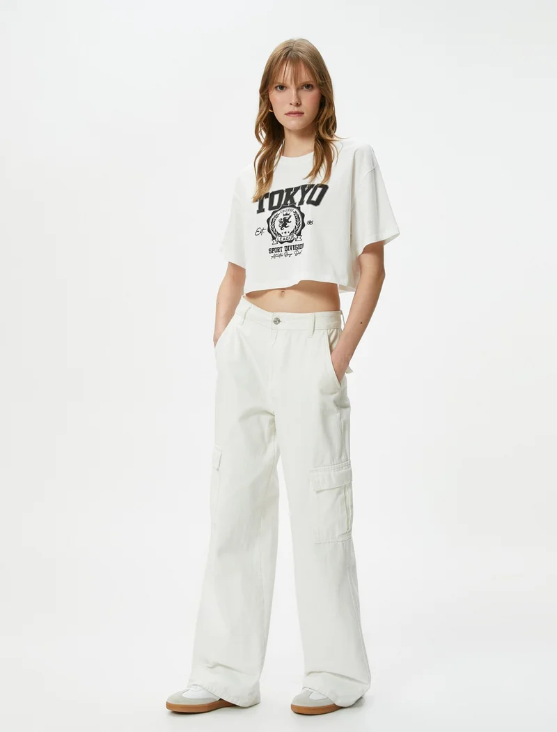 KOTON Koton Crop Printed T-Shirt Short Sleeve Crew Neck