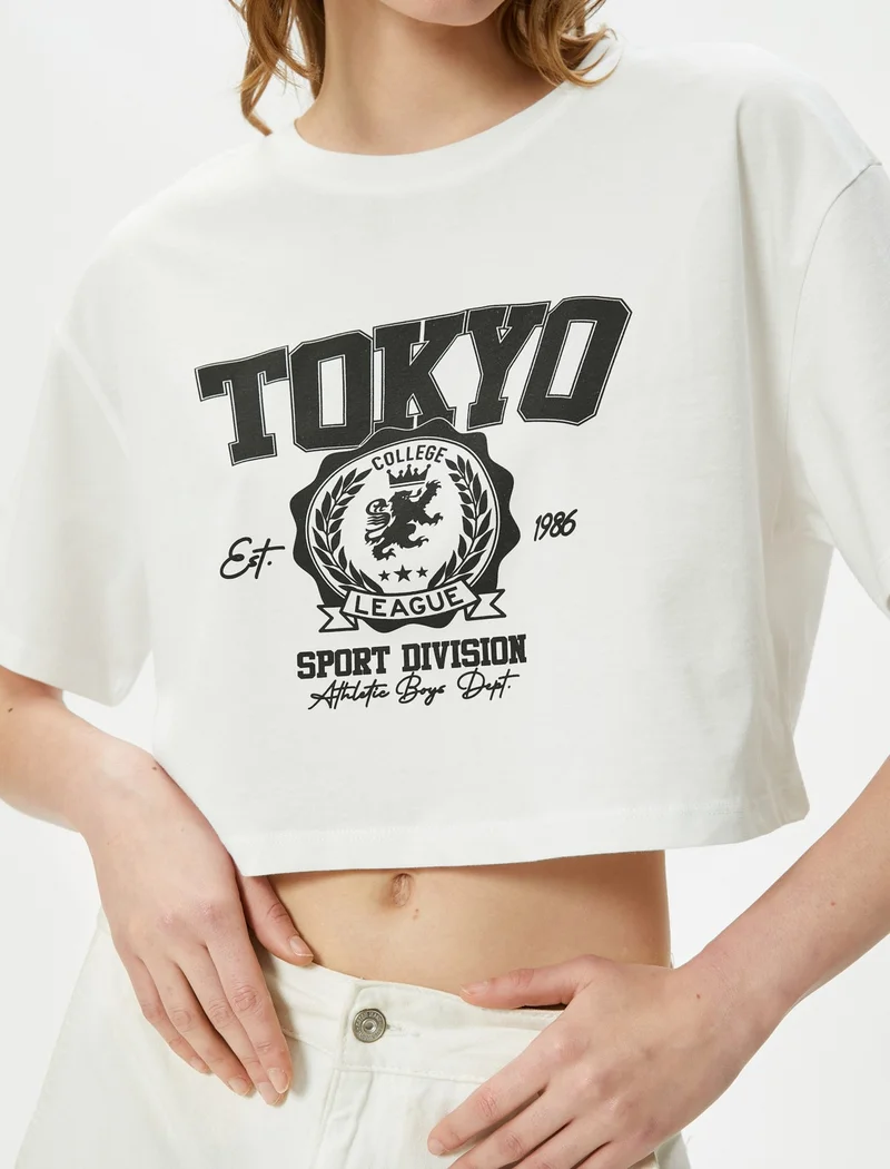 KOTON Koton Crop Printed T-Shirt Short Sleeve Crew Neck