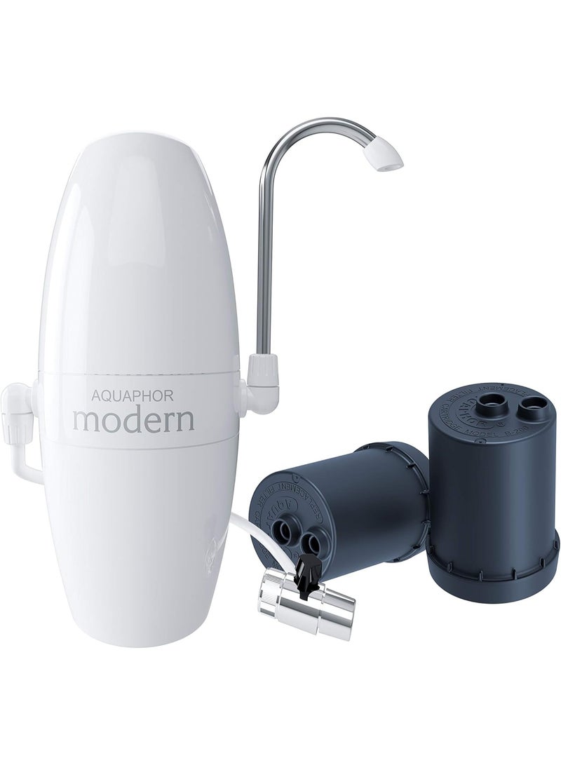 Aquaphor Modern H Faucet Water Filter System, 4000L Long-Lasting Cartridge, 1.0–1.2 L/min Filtration Rate, Removes Chlorine, Rust, Odors & Contaminants, Easy Plug-in Tap Water Purifier with Adaptors, Compact & Travel-Ready Drinking Filter (White) - Image 2