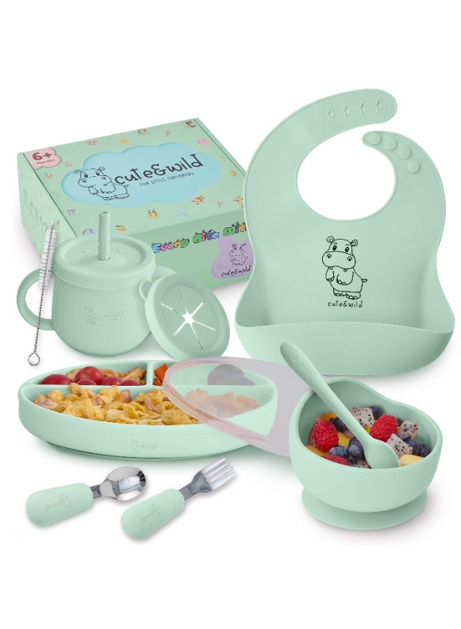 Cute and Wild Baby Silicone Baby Feeding Set with Gift Box, Suction Plate, Feeding Bowl, Bib, Sippy Cup, Spoon, Fork in Baby Food Eating Set, BPA Free Baby Led Wearning Set, 6M+, 10 Pcs, Mint
