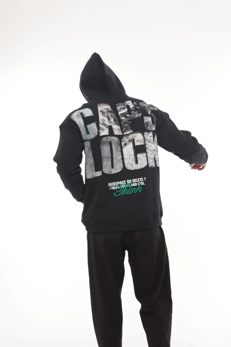 ميرون Navy Blue Back Printed Hooded Three Thread Oversize Sweatshirt - 2441