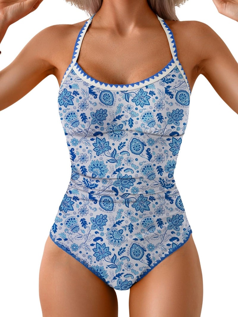 Eomenie Womens One Piece Swimsuit Tummy Control Slimming Bathing Suit Ruched Swimwear Tie Back Shell Stitch Swim Suit Blue Floral