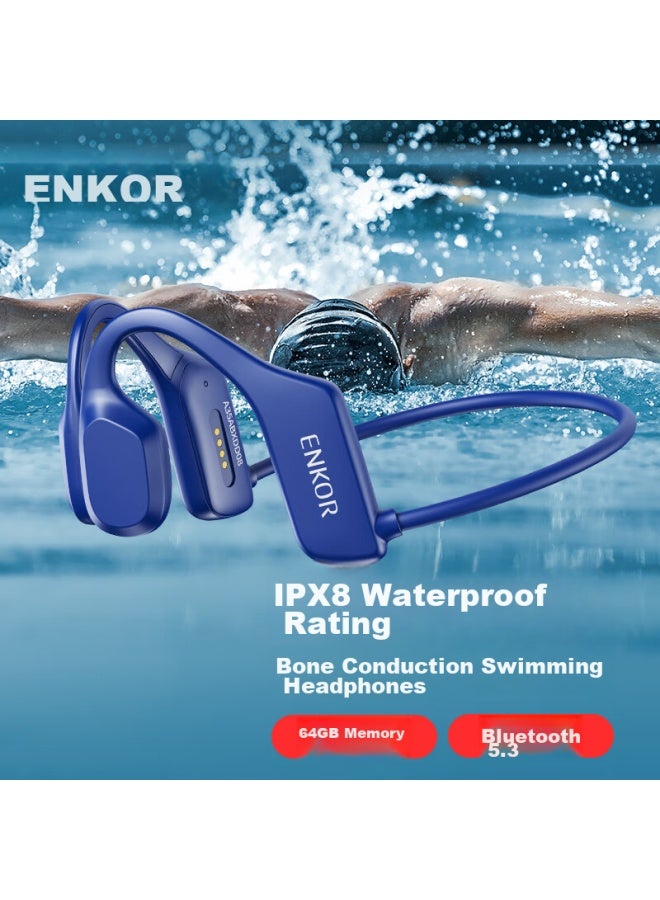 ENKOR سماعات إنكور بتقنية التوصيل العظمي، سماعات لاسلكية بلوتوث، مثالية للجري والرياضة والسباحة، مقاومة للماء بمستوى IPX8، ذاكرة داخلية بسعة 64 جيجابايت، متوافقة مع تشغيل ملفات MP3، مناسبة للاستخدام مع هواتف آبل وهواوي وشاومي - Image 1