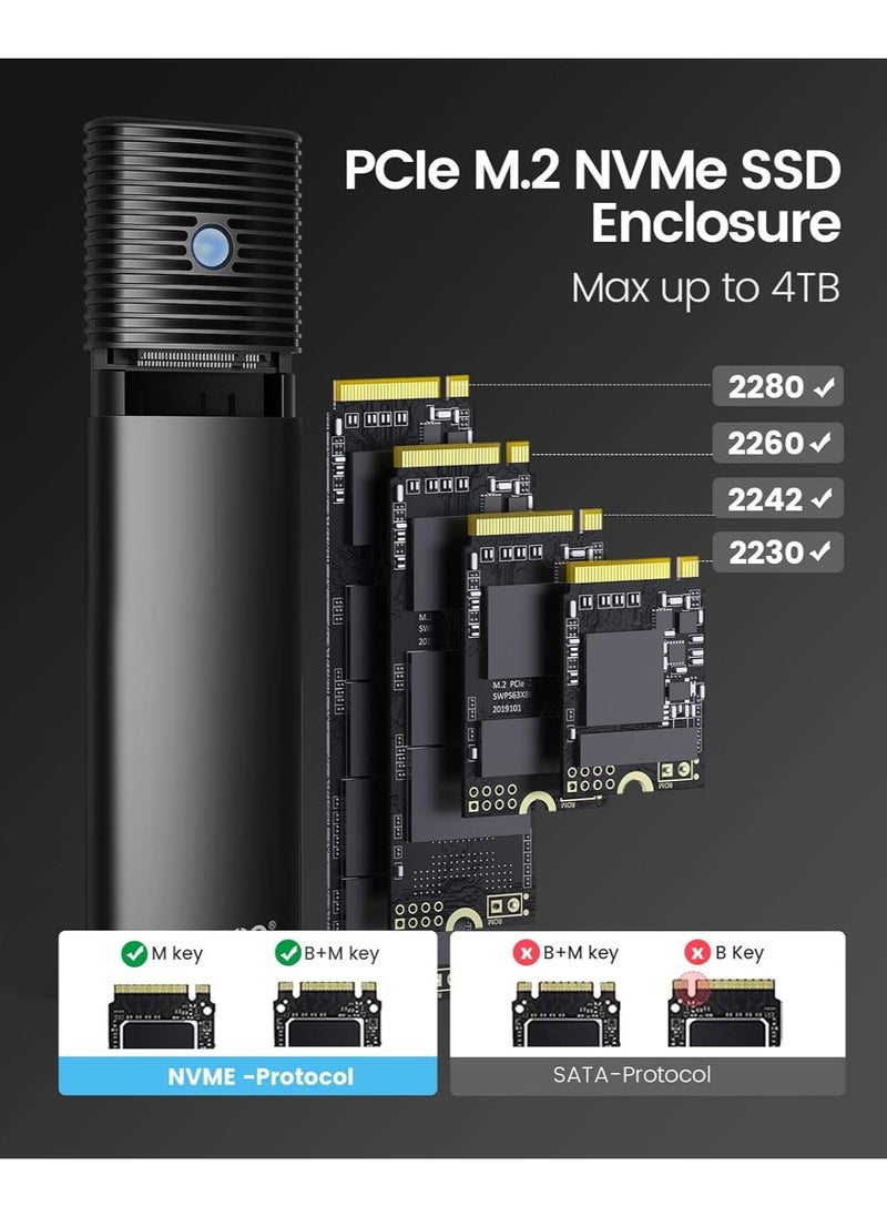 ORICO Aluminum M.2 NVMe SSD Enclosure , Tool-Free 10Gbps USB C Adapter, USB 3.2 M.2 NVMe Reader, External SSD Case Thunderbolt 3 Compatible, Supports 4TB 2230/2242 /2260/2280 PCIe M-Key SSDs-PWM2-BK