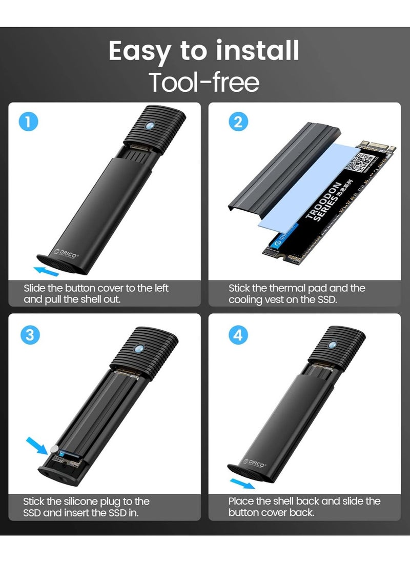 ORICO Aluminum M.2 NVMe SSD Enclosure , Tool-Free 10Gbps USB C Adapter, USB 3.2 M.2 NVMe Reader, External SSD Case Thunderbolt 3 Compatible, Supports 4TB 2230/2242 /2260/2280 PCIe M-Key SSDs-PWM2-BK