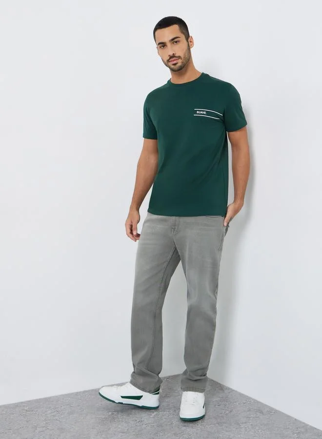 Styli Men Green Minimalist Print Crew Neck T-Shirt