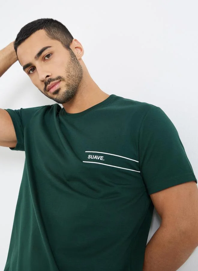 Styli Men Green Minimalist Print Crew Neck T-Shirt