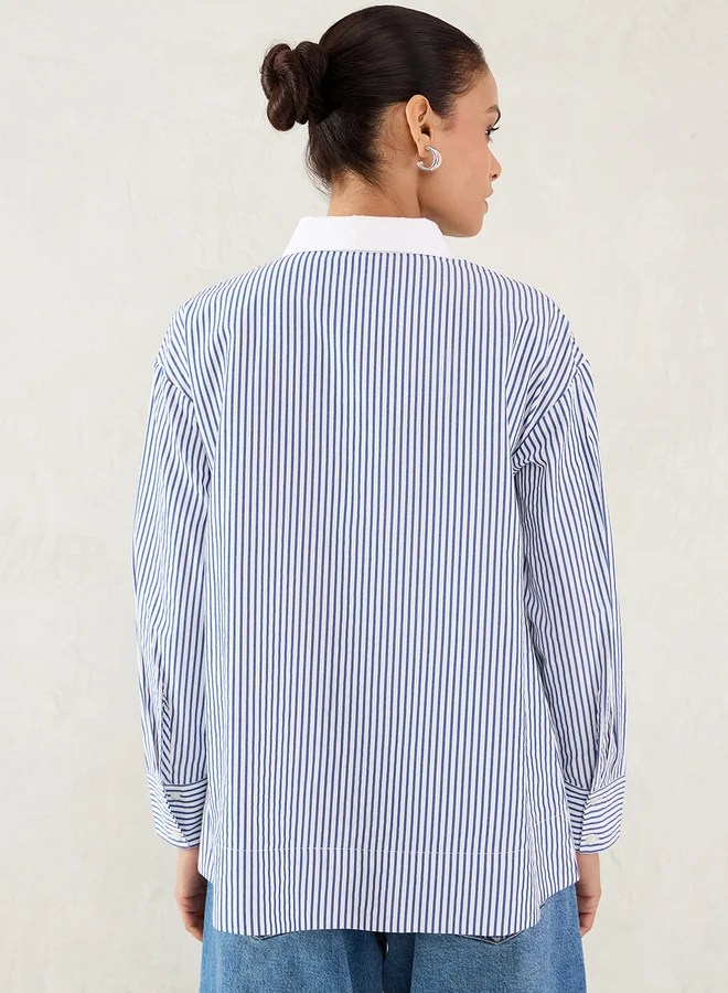 Femmella Femmella Navy Striped Contrast Collar Buttoned Shirt