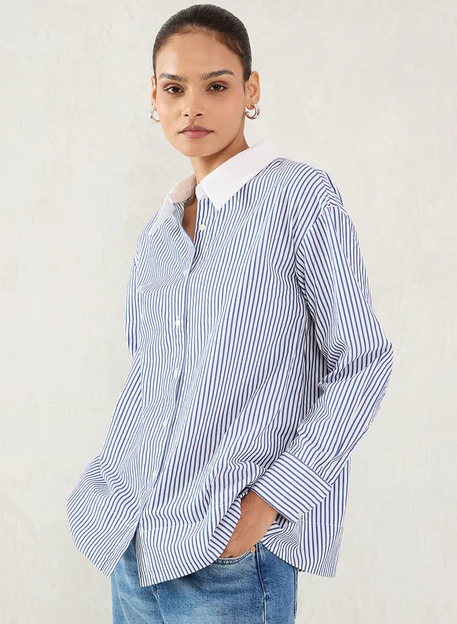 Femmella Femmella Navy Striped Contrast Collar Buttoned Shirt