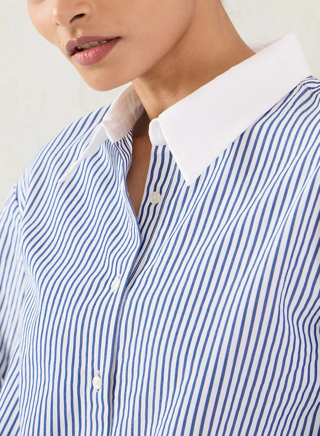 Femmella Femmella Navy Striped Contrast Collar Buttoned Shirt