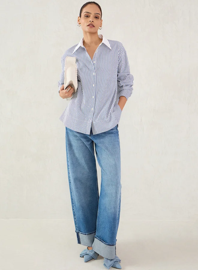 Femmella Femmella Navy Striped Contrast Collar Buttoned Shirt