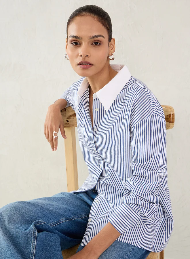 Femmella Femmella Navy Striped Contrast Collar Buttoned Shirt