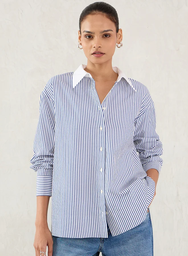 Femmella Femmella Navy Striped Contrast Collar Buttoned Shirt