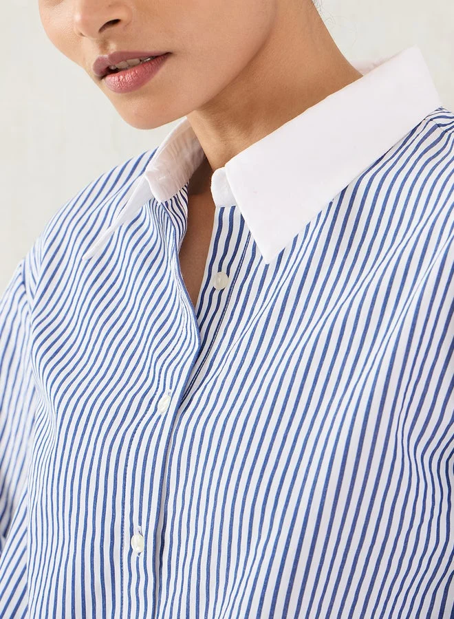 Femmella  Femmella Navy Striped Contrast Collar Buttoned Shirt for Women | Best Price UAE