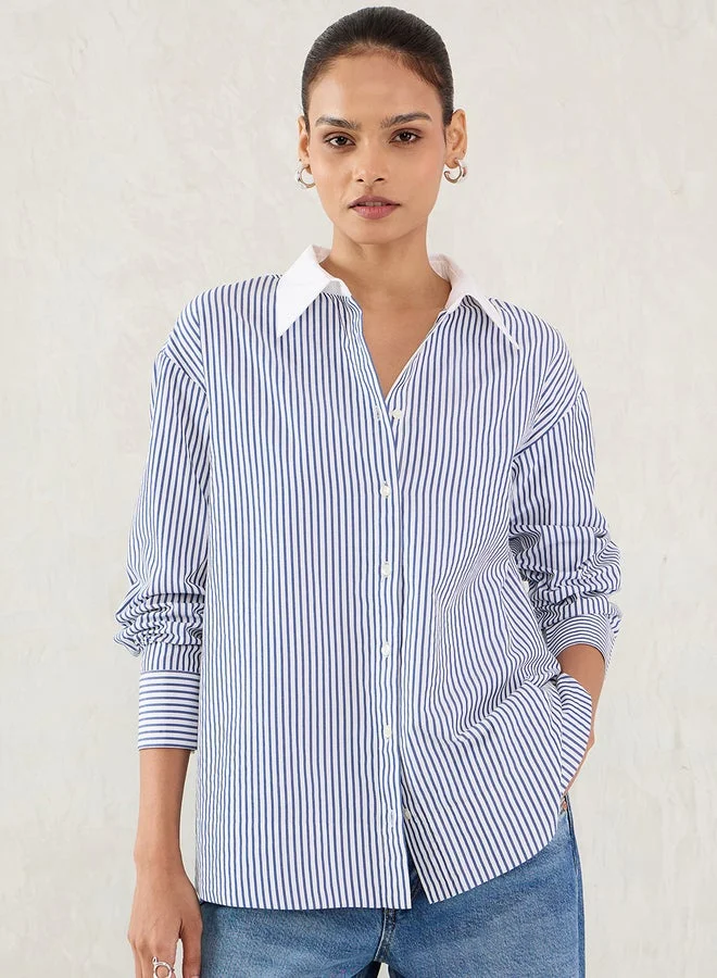 Femmella  Femmella Navy Striped Contrast Collar Buttoned Shirt for Women | Best Price UAE