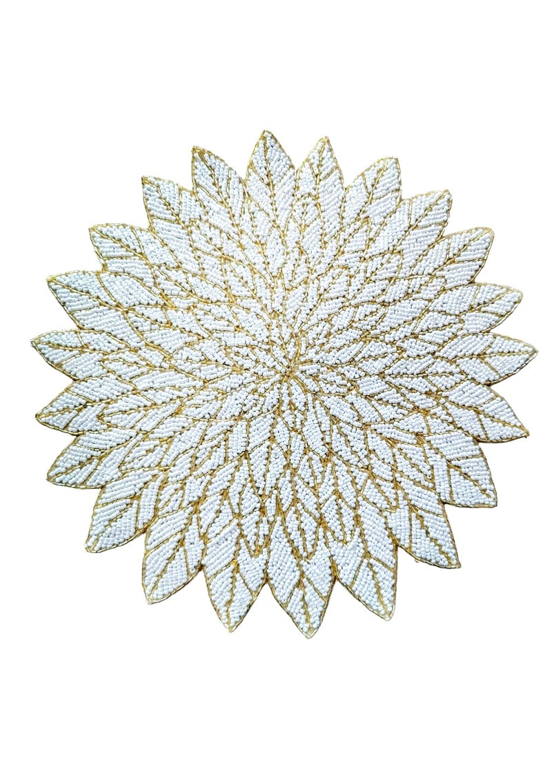 Good Vibes Glass Beads Place MatsRound Table MatEmbroidered Table MatRound Beaded Table MatsCutwork Design Dining Table MatsDressing Table MatsBed Side Table matsWhite Silver 14 Inches  - Image 2