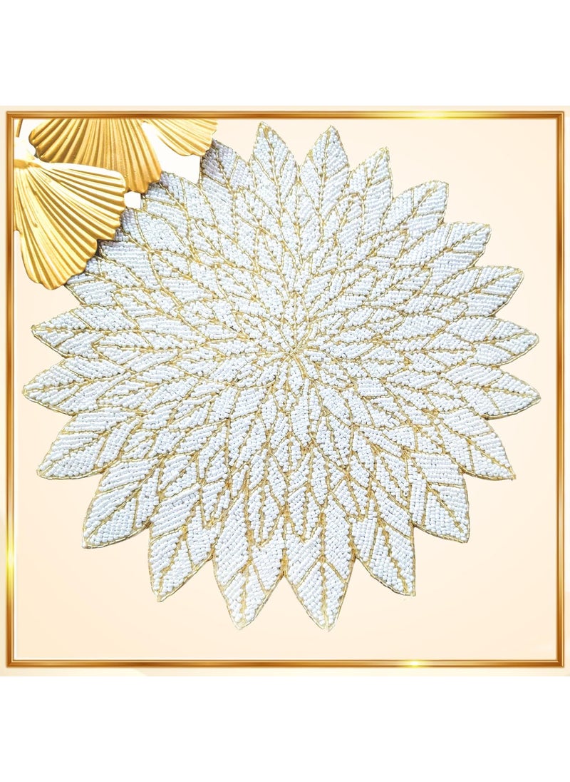 Good Vibes Glass Beads Place MatsRound Table MatEmbroidered Table MatRound Beaded Table MatsCutwork Design Dining Table MatsDressing Table MatsBed Side Table matsWhite Silver 14 Inches  - Image 3