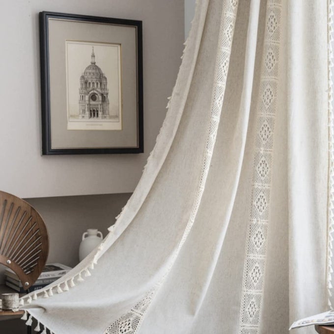 BOHO CURTAINS WITH TASSEL HANDMADE SEMIBLACKOUT DRAPES LACE PATCHWORK CROCHET FARMHOUSE WINDOW CURTAIN PANELS ROD POCKET CURTAIN FOR LIVING ROOM BEDROOM 1 PANEL 59 W X 84 L BEIGE