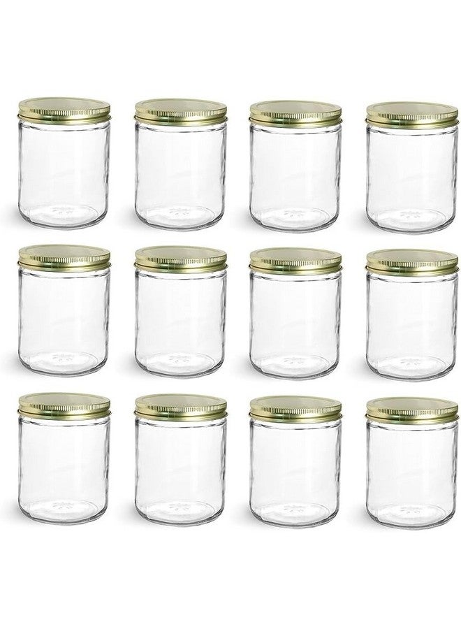 North Mountain Supply 16 Ounce Glass Wide Mouth Straight-Sided Canning Jars - With Gold Metal Lids - Case Of 12