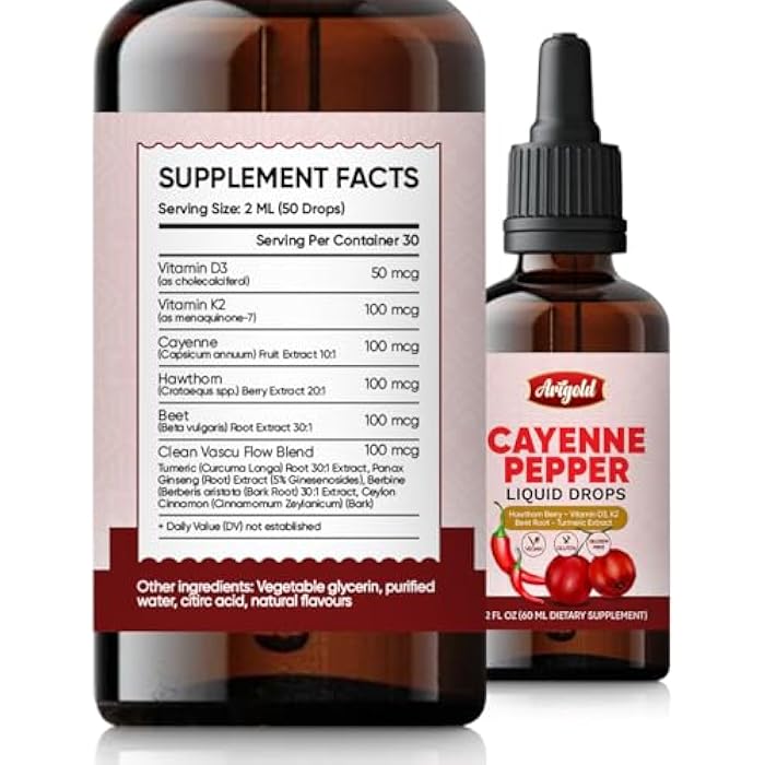 Arigold Cayenne Pepper Drops – Circulation & Energy Support Liquid Supplement with Hawthorn Berry, Beet Root, Turmeric, Vitamins D3 + K2, Ceylon Cinnamon, Berberine & Ginseng – Vegan, Non-GMO, 2 fl oz - Image 3