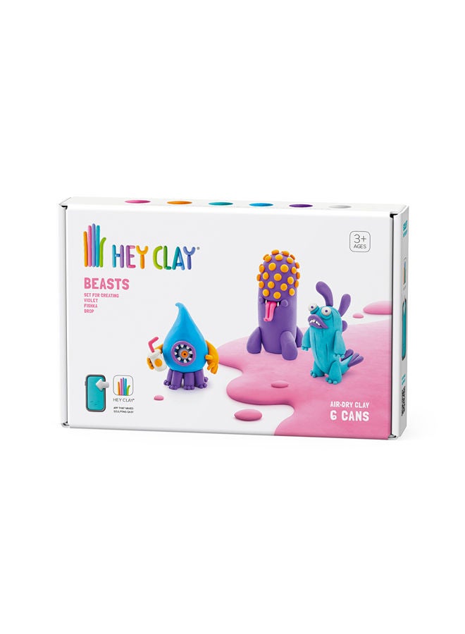 HEY CLAY DIY  Beasts: Yollo, Violet, Fishka Plastic Creative Modelling Air-Dry Clay For Kids 6 Cans - Image 1
