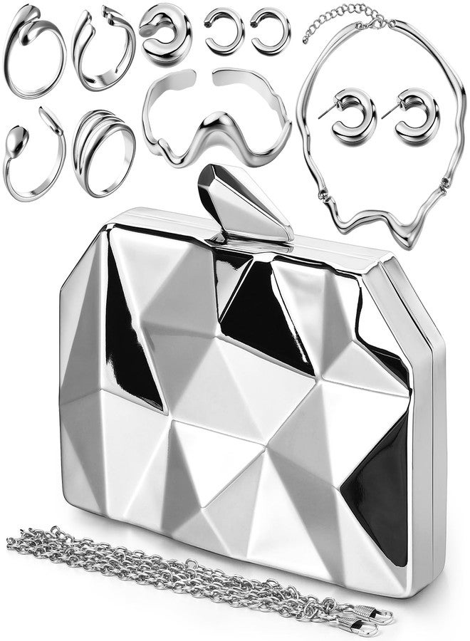 Jadive 8 Pcs Clutch Purse for Women Evening Prom Metallic Handbag Earrings Necklace Rings for Wedding Jewelry Set(Silver) - Image 1