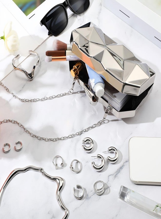Jadive 8 Pcs Clutch Purse for Women Evening Prom Metallic Handbag Earrings Necklace Rings for Wedding Jewelry Set(Silver) - Image 4