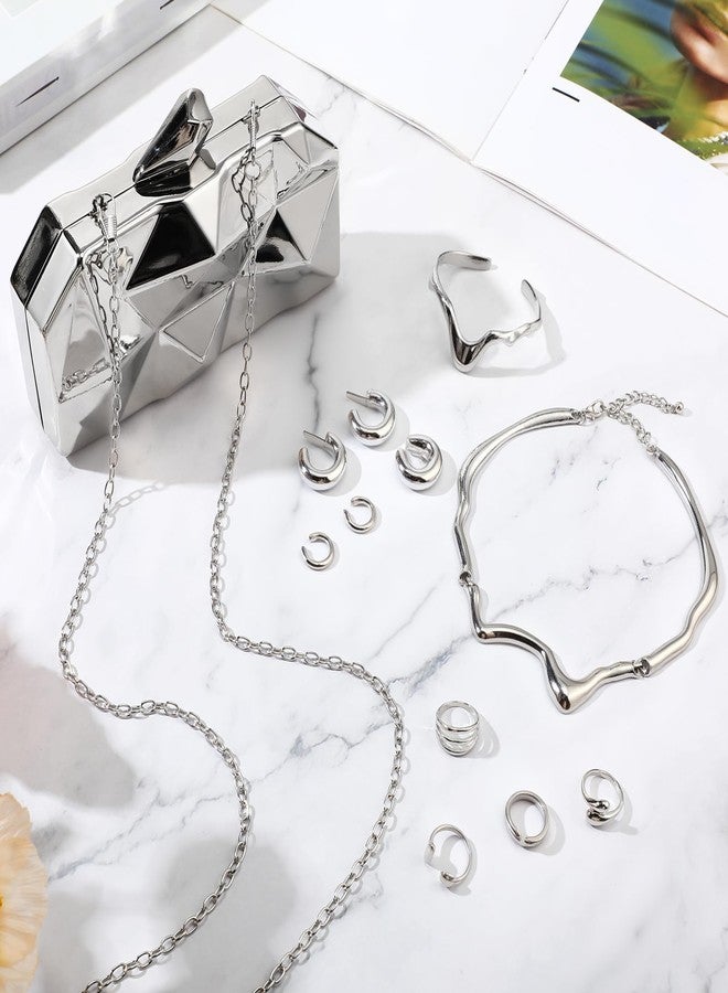 Jadive 8 Pcs Clutch Purse for Women Evening Prom Metallic Handbag Earrings Necklace Rings for Wedding Jewelry Set(Silver) - Image 2