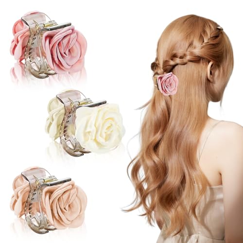 CoolShef 3Pcs Flower Claw Clip Set, Small Hair Clutcher for High Ponytail, Elegant Rose Design Hair Clips for Woman and Girls, Lightweight Floral Hair Accessories - Image 1