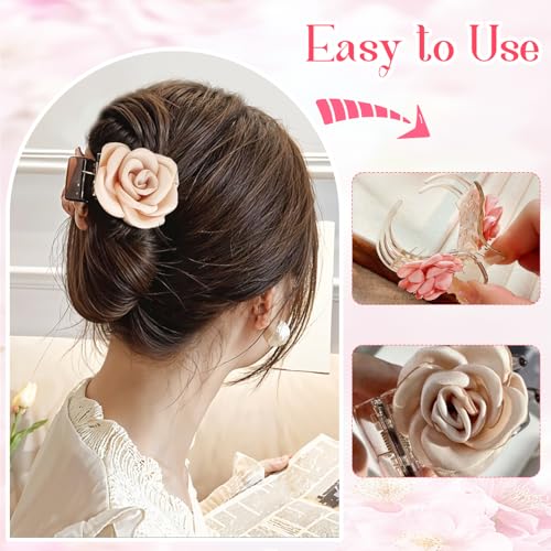 CoolShef 3Pcs Flower Claw Clip Set, Small Hair Clutcher for High Ponytail, Elegant Rose Design Hair Clips for Woman and Girls, Lightweight Floral Hair Accessories - Image 4