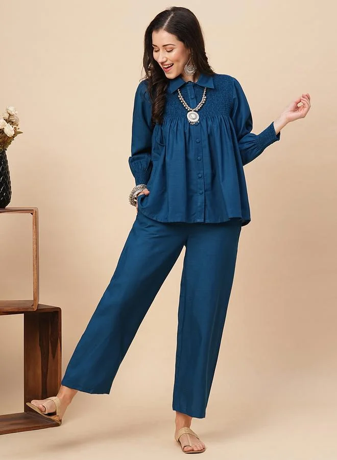 globus Globus Solid Smocked Detail Buttoned Shirt and Trousers Co-Ords